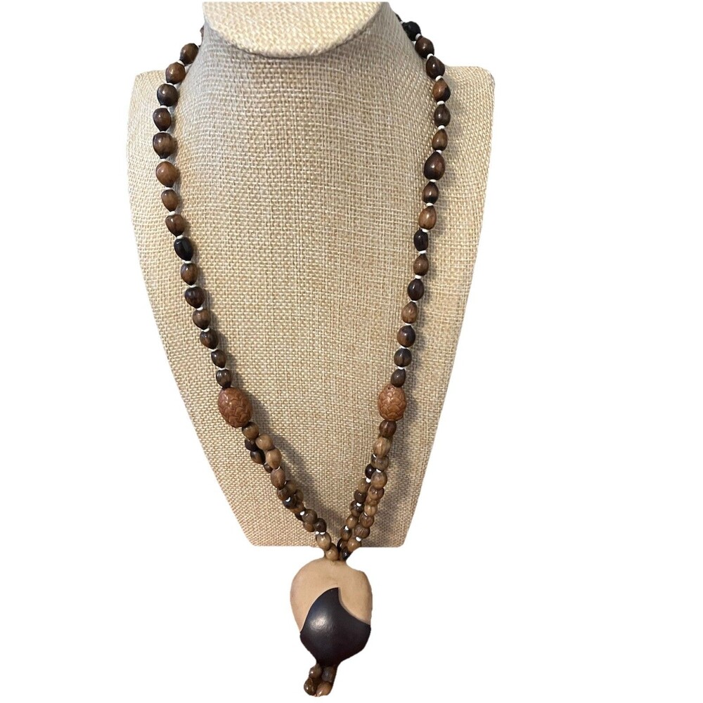 Long Wood Bead Necklace with Carved Pendant Artisan Made Brown Neutrals Natural